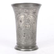 A SMALL PEWTER WRIGGLEWORK ROYAL PORTRAIT BEAKER, DUTCH, CIRCA 1700.