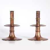 A PAIR OF LARGE COPPER & BRASS TRUMPET BASE CANDLESTICKS, CIRCA 1900.