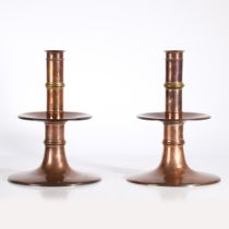 A PAIR OF LARGE COPPER & BRASS TRUMPET BASE CANDLESTICKS, CIRCA 1900.