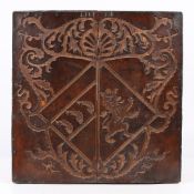 A RARE 17TH CENTURY LEATHER-WORK ARMORIAL PANEL, ENGLISH.