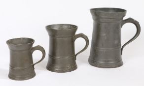 A GEORGE III PEWTER OEWS QUART STRAIGHT-SIDED MUG, CONVERTED TO IMPERIAL CAPACITY BY EXTENDING THE L