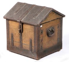 AN 18TH CENTURY OAK AND IRON BANDED 'STRONG-BOX', GERMAN.