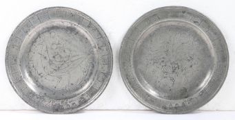 A RARE PAIR OF QUEEN ANNE PEWTER SINGLE-REED RIM WRIGGLEWORK MARRIAGE PLATES, CIRCA 1710.