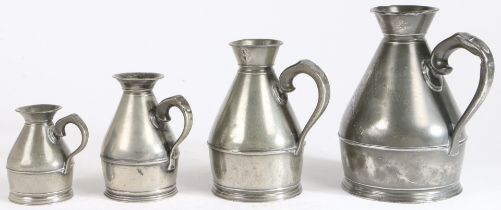 FOUR PEWTER IRISH HAYSTACK MEASURES.