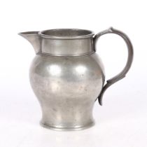 A 19TH CENTURY PEWTER LIDLESS TWO PINT ALE JUG, ENGLISH.