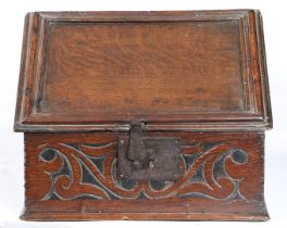A CHARLES I OAK AND STAINED DESK BOX, GLOUCESTERSHIRE, CIRCA 1630.