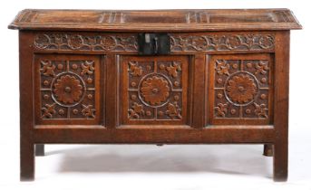 A CHARLES II OAK COFFER, DERBYSHIRE, CIRCA 1660.