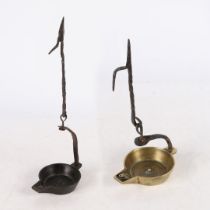 TWO LATE 18TH CENTURY BRASS AND IRON CRUISIE LAMPS, ENGLISH OR SCOTTISH.