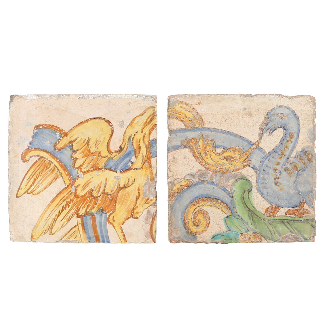 TWO 17TH CENTURY POLYCHROME-DECORATED TILES, SPANISH.