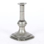 A RARE AND DOCUMENTED WILLIAM & MARY PEWTER BALL-KNOP AND GADROONED CANDLESTICK, CIRCA 1690.