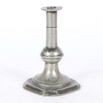 A RARE AND DOCUMENTED WILLIAM & MARY PEWTER BALL-KNOP AND GADROONED CANDLESTICK, CIRCA 1690.