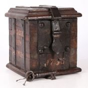 AN 18TH CENTURY OAK AND IRON-BOUND ALMS BOX, DUTCH, DATED 1795.