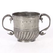 A RARE AND FINE QUEEN ANNE PEWTER TWIN-HANDLED GADROONED CUP, WIGAN, CIRCA 1705.