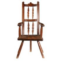 A PRIMITIVE ASH, OAK AND SYCAMORE OPEN ARMCHAIR, ENGLISH, CIRCA 1790.