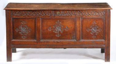 A QUEEN ANNE OAK COFFER, CUMBRIA, DATED 1704.