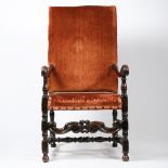 A WALNUT AND UPHOLSTERED OPEN ARMCHAIR, CIRCA 1700.