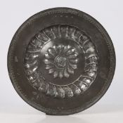 A RARE WILLIAM & MARY PEWTER REPOUSSÉ DECORATED 'ROSEWATER' DISH, CIRCA 1690.