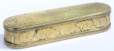 A MID-18TH CENTURY BRASS ENGRAVED TOBACCO BOX, DUTCH, CIRCA 1755.
