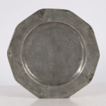 A GEORGE II PEWTER DECAGONAL PLATE, CIRCA 1750.