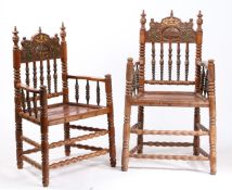 A PAIR OF LATE 18TH CENTURY CONTINENTAL TURNER'S ARMCHAIRS.