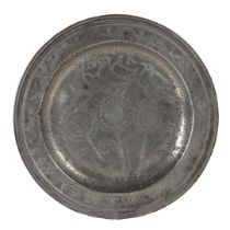 A RARE PEWTER WRIGGLEWORK PLATE, ENGLISH, CIRCA 1700-10.