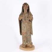 A RARE ENGLISH EARLY 15TH CENTURY CARVED WOOD SAINT.