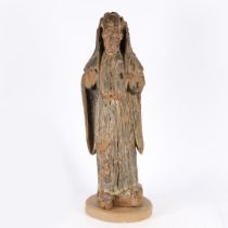 A RARE ENGLISH EARLY 15TH CENTURY CARVED WOOD SAINT.