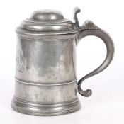 OF CHARLES DICKENS INTEREST: A GOOD PEWTER QUART STRAIGHT-SIDED, DOME-LID AND ENGRAVED TANKARD, CIRC
