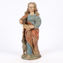 A 17TH CENTURY POLYCHROME CARVED FIGURE OF ST. JOHN.