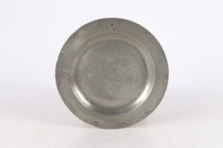 FOUR 18TH CENTURY PEWTER PLAIN-RIM PLATES, ENGLISH.