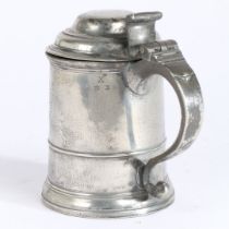 A GEORGE I PEWTER OEWS QUART DOMED-LIDDED STRAIGHT-SIDED TANKARD, CIRCA 1720.