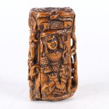 A 19TH CENTURY HEAVILY CARVED AND LARGE SIZE TREEN SNUFF BOX.
