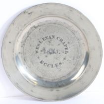 A GOOD GEORGE III PEWTER PLAIN RIM PLATE, WORCESTERSHIRE, CIRCA 1770.