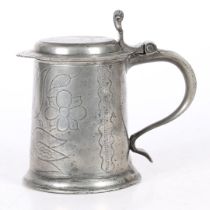 A CHARLES II PEWTER WRIGGLEWORK FLAT-LID TANKARD, WIGAN, CIRCA 1680.