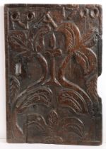 AN INTERESTING WILLIAM III CARVED OAK PANEL, INITIALLED AND DATED 1700.
