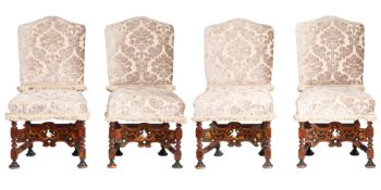 A SET OF FOUR 18TH CENTURY UPHOLSTERED, MARQUETRY AND IVORY-INLAID DINING CHAIRS, DUTCH.