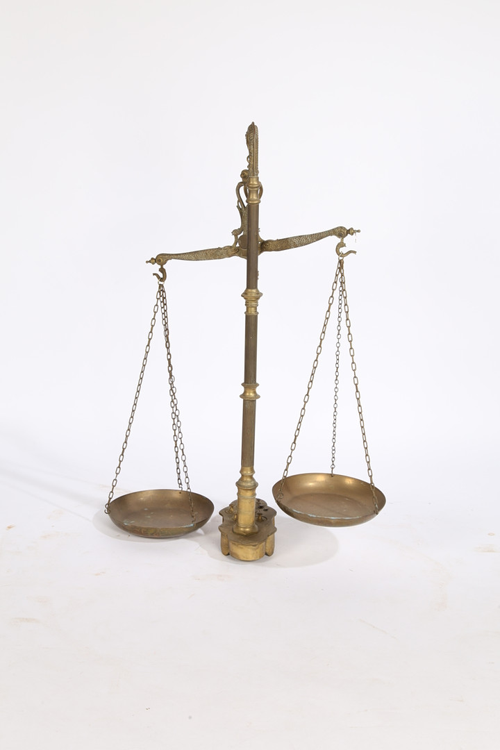 A LARGE PAIR OF 19TH/20TH CENTURY BRASS SCALES. - Image 12 of 12