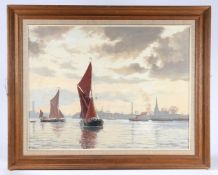 ROGER ROLAND SUTTON FISHER (1919-1992), "THAMES SAILING BARGES (SPINAWAY LEADING) IN BLACKWALL REACH