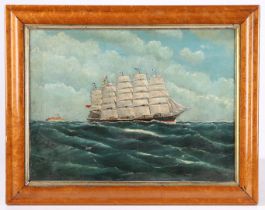 ENGLISH SCHOOL (19TH CENTURY) FIVE MASTED VESSEL OFF A LIGHTHOUSE.