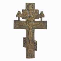 A 19TH CENTURY RUSSIAN ORTHODOX BRONZE AND ENAMELED ICON.