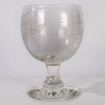 A LARGE PRESENTATION GLASS RUMMER WITH SCRATCH ENGRAVED FISHING SCENE, CIRCA 1920.