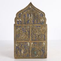A 19TH CENTURY RUSSIAN ORTHODOX BRONZE AND ENAMELED ICON.