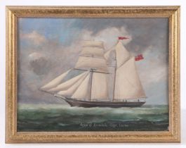 19TH CENTURY ENGLISH SCHOOL "A SAILING VESSEL, INSCRIBED "ARGO OF IPSWICH, CAPT. LUCAS".