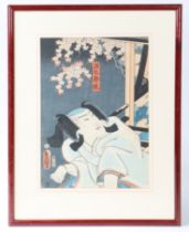 UTAGAWA KUNISADA OR UTAGAWA TOYOKUNI III (JAPANESE 1786-1865) "FIGURE UNDER CHERRY BLOSSOM".