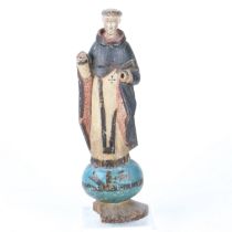 A 18TH CENTURY SPANISH COLONIAL POLYCHROME CARVED FIGURE OF SAINT THOMAS.