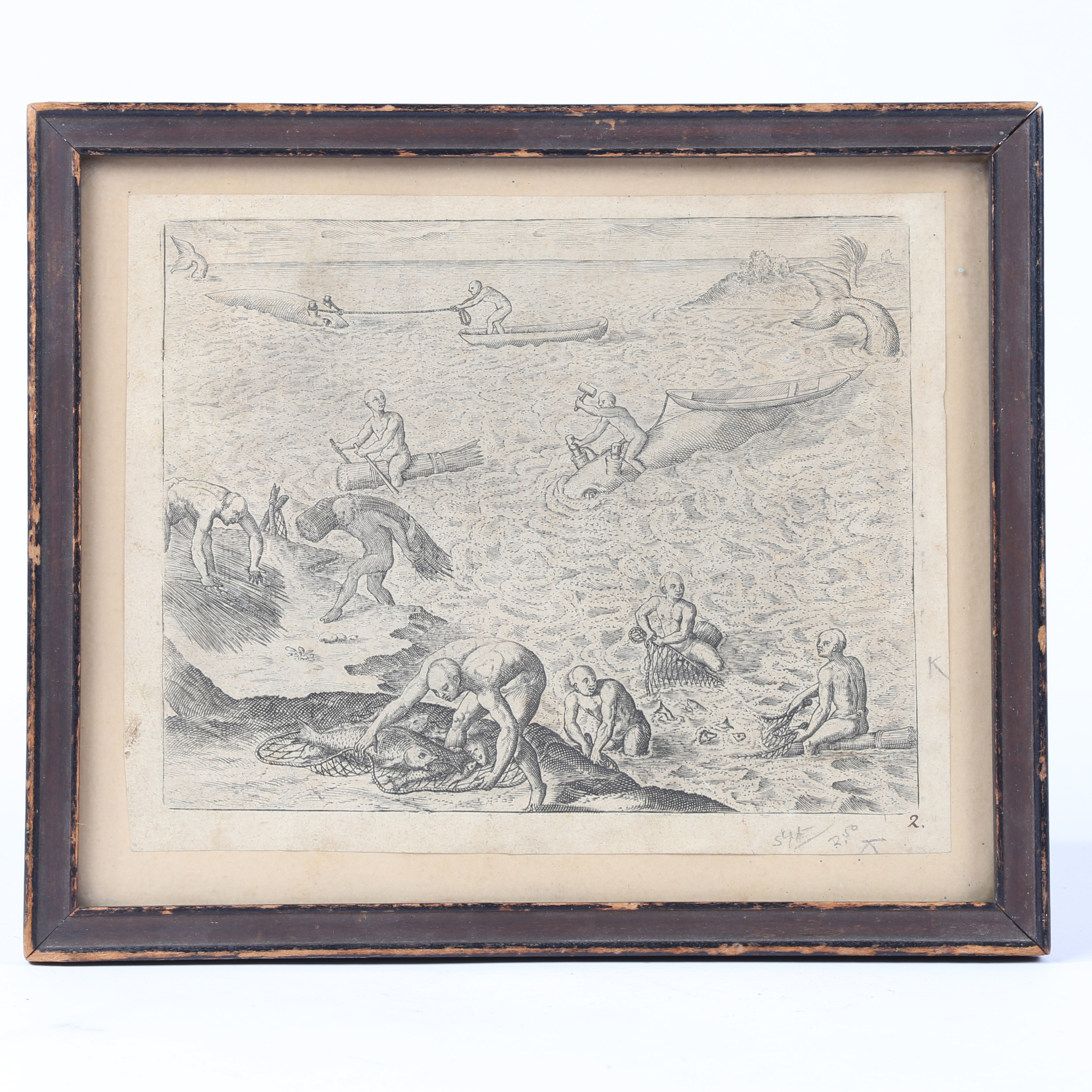 RARE 16TH CENTURY WHALE HUNTING ENGRAVING, BY THEODORE DE BRY, HARPOONING WHALES, CIRCA 1590.