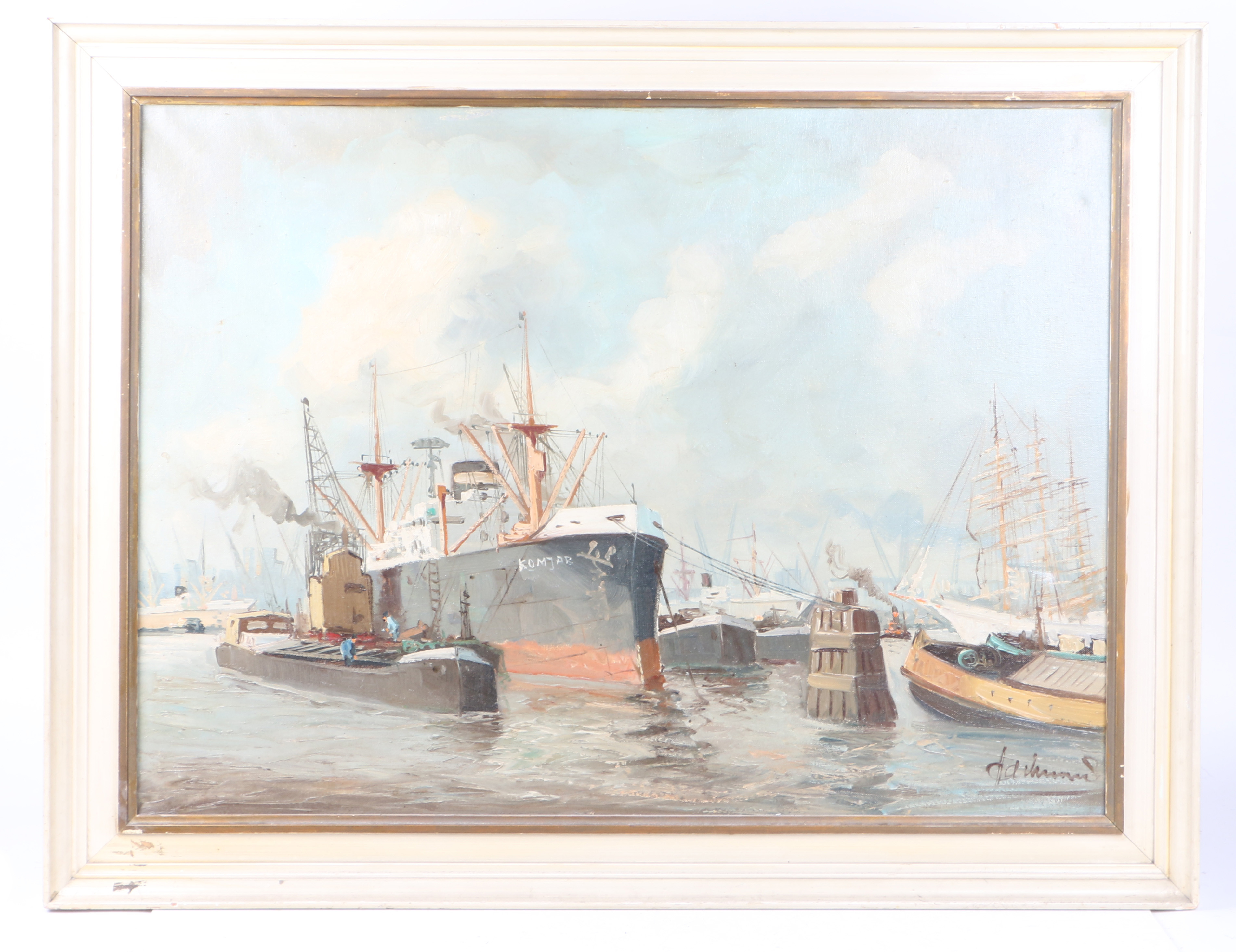 CONTINENTAL SCHOOL 20TH CENTURY "FISHING TRAWLERS DOCKED".