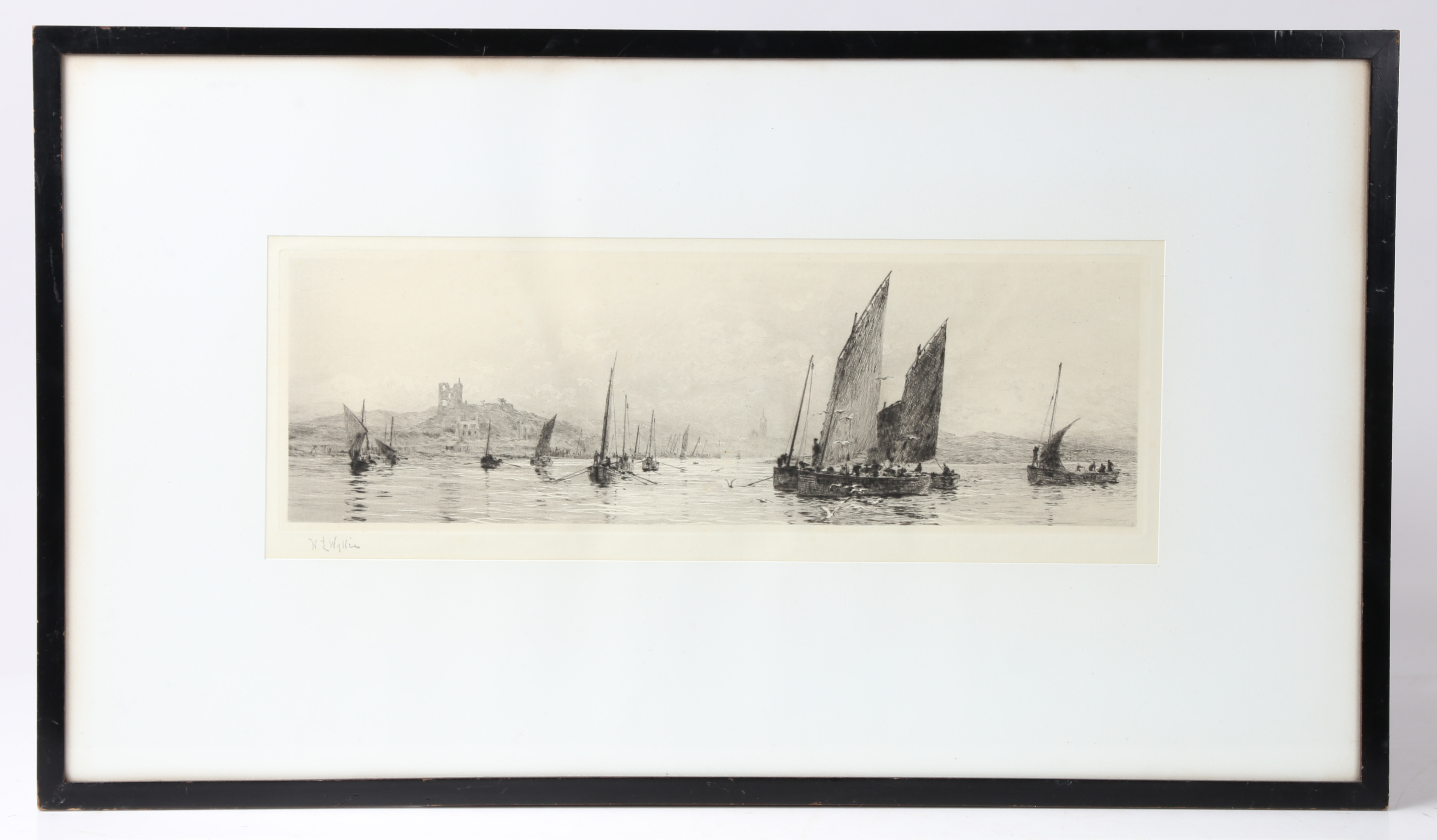 WILLIAM LIONEL WYLLIE, RA, RE, (BRITISH, 1851-1931) "FISHING BOATS IN A BAY".