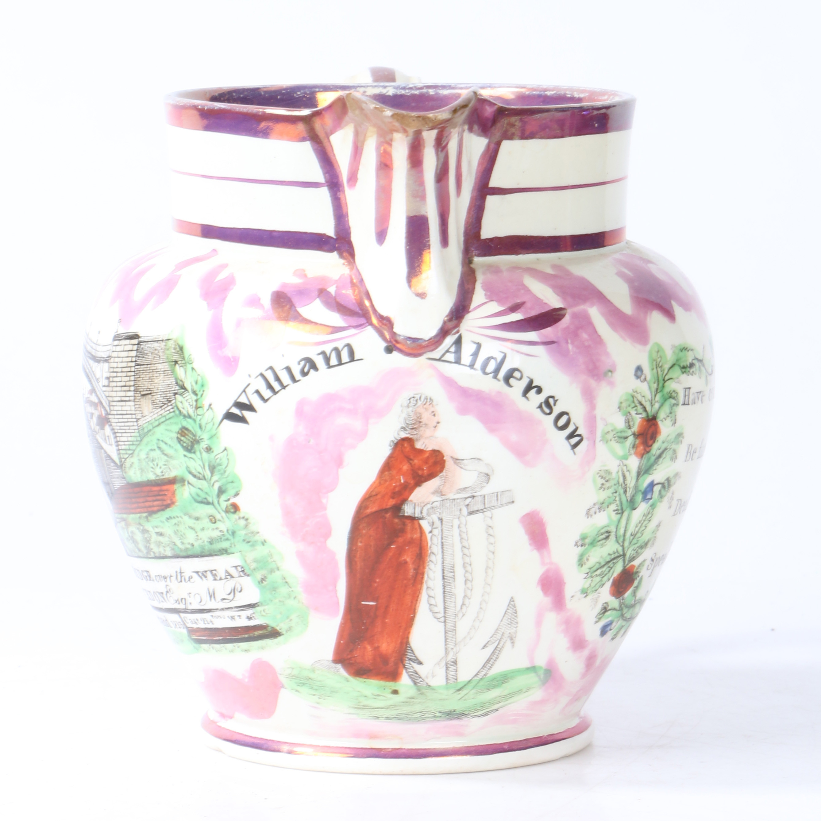 AN EARLY 19TH CENTURY SUNDERLAND PINK LUSTRE JUG WITH A VIEW OF THE IRON BRIDGE DATED 1813.