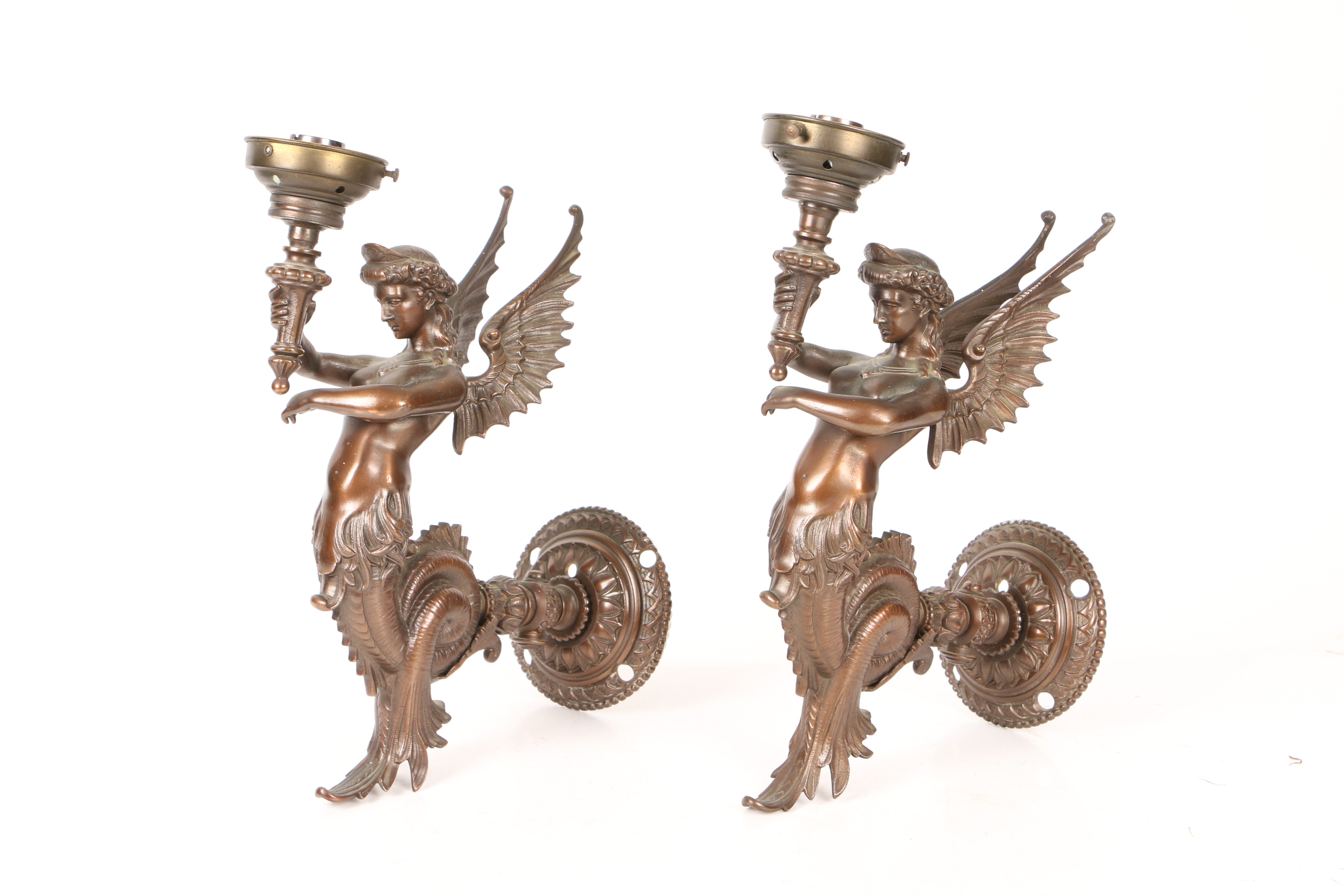 A PAIR OF BRONZE PATINATED WALL SCONCES IN THE FORM OF SIRENS. - Image 6 of 6